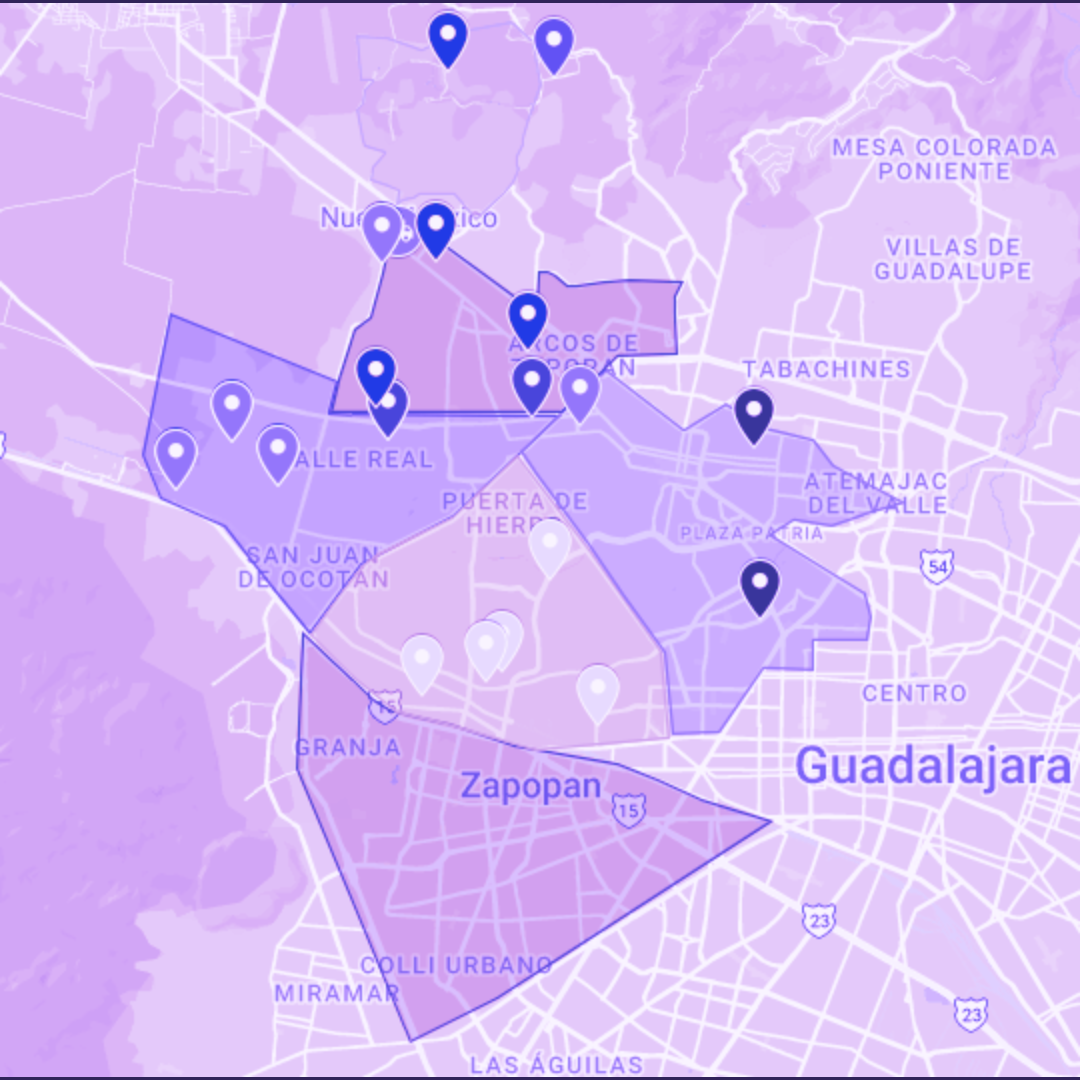 Mapa de cobertura de UNU en Guadalajara y Zapopan