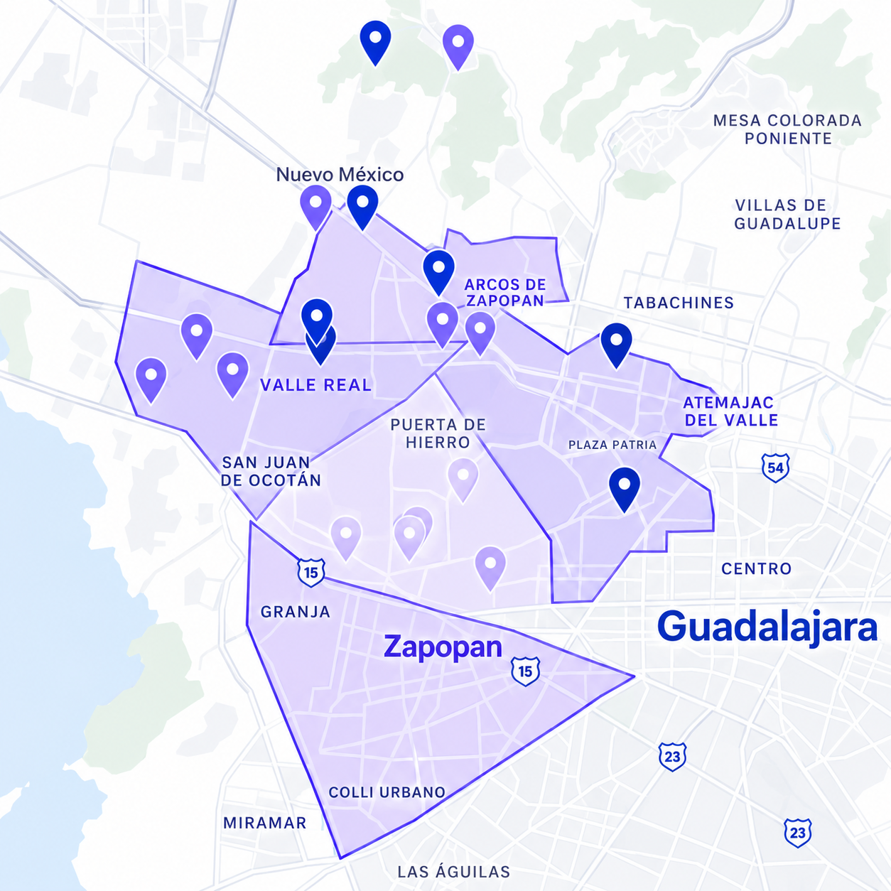 Mapa de cobertura de UNU en Guadalajara y Zapopan